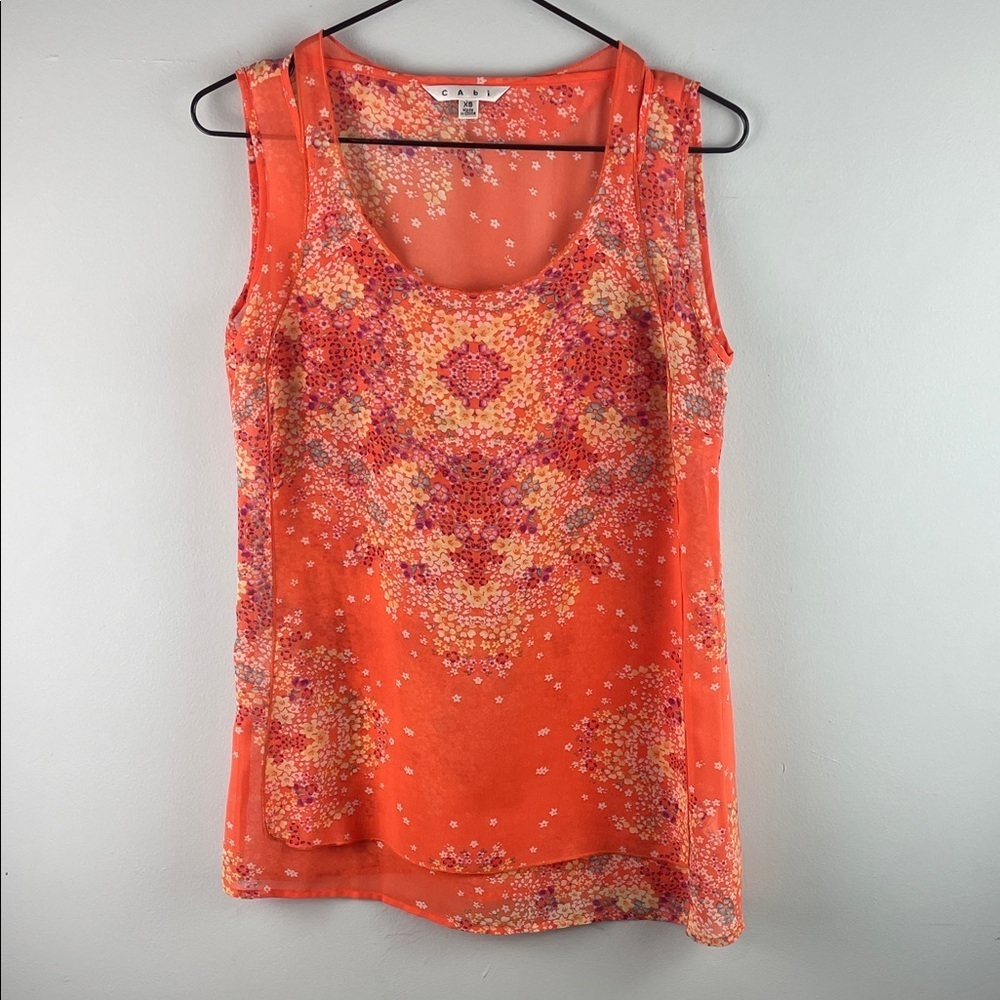 CAbi #268 Orange Floral Merrow Edge Sleeveless Tank Size XS